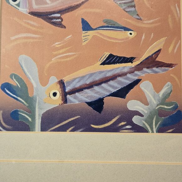 Abstract Art Print Underwater Scene W/ Tropical Fish & Coral Reef, Matted Framed - Picture 6 of 8